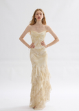 Apricot Mermaid Spaghetti Strap Ruffle Chiffon Long Prom Dress Party Dress HZ1023