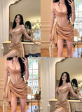 Sexy Sheath Off the Shoulder Corset Brown Satin Homecoming Dress Cocktail Dress HZ1023