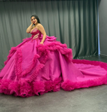 Princess Hot Pink Quinceanera Dresses Beaded Appliques Tulle Sweet 16 Party Prom Ball Gown HZ1023