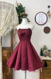 Simple A Line Strapless Burgundy Satin Short Homecoming Dress Cocktail Dress HZ1023