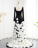 Elegant Long Sleeve 3D Floral Satin Long Prom Dress Evening Dress HZ1023