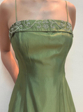 Vintage A Line Spaghetti Strap Beaded Green Satin Prom Dress Evening Dress HZ1023