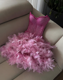 Sexy Pink Strapless Beaded Tulle Feather Short Prom Dress HZ1023