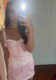 Pink Two Piece A Line Spaghetti Strap Satin Mini Homecoming Dress Birthday Dress HZ1023