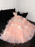 3D Floral Ball Gown Strapless Feather Sequin Tulle Prom Dress Party Dress HZ1023