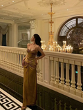 French Gold Velvet Slip Mermaid Prom Dress Long Evening Dress HZ1023