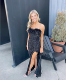 Classic Black Strapless Sequin Slit Evening Dress Prom Dress HZ1023