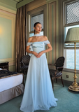 Elegant Baby Blue A Line Off the Shoulder Chiffon Satin Prom Dress Evening Dress Formal Dress HZ1023