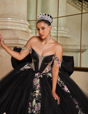 Black Off the Shoulder Appliques Beaded Tulle Prom Dress Quinceanera Dress Ball Gown with Bow HZ1023