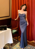 Simple Blue Mermaid Spaghetti Strap Satin Long Prom Dress Vacation Dress HZ1023
