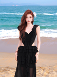 Black A Line V Neck Ruffle Chiffon Long Prom Dress Vacation Dress HZ1023