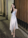 Simple Spaghetti Straps White Satin A Line Slit Party Dress Prom Dress HZ1023