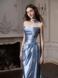 Blue Sheath Strapless Feather Rhinestone Satin Long Prom Dress 16th Birthday Dress HZ1023
