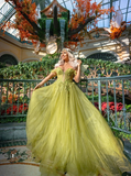 Fairy A Line Off the Shoulder Corset Appliques Green Tulle Prom Dress Evening Dress HZ1023