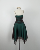 Retro A Line Spaghetti Strap Pleated Black Chiffon Green Satin Homecoming Dress HZ1023