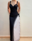 Unique Sheath Spaghetti Strap Black White Chiffon Prom Dress Evening Dress HZ1023