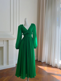 Stunning A Line Long Sleeve Emerald Chiffon Prom Dress Wedding Guest Dress HZ1023