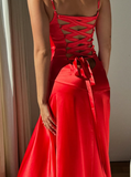 Sexy Mermaid Spaghetti Strap Red Satin Prom Dress Evening Dress with Slit HZ1023