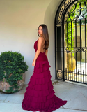 Sexy A Line Halter Tiered Burgundy Chiffon Prom Dress Evening Dress with Slit HZ1023