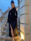 Black One Shoulder Sexy Prom Dress Long Evening Dress With Gloves HZ1023