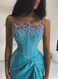 Gorgeous Sheath Strapless Pearl Beaded Blue Satin Prom Dress Evening Dress with Slit HZ1023