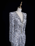 Stunning Sheath V Neck Long Sleeve Sliver Sequin Prom Dress Graduation Prom Dress HZ1023