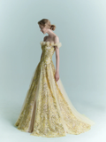 Yellow A Line Off the Shoulder Floral Sequin Tulle Prom Dress Evening Dress HZ1023