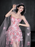 Romantic Pink 3D Floral A Line Sweetheart Neck Tulle Date Dress Evening Dress Homecoming Dress HZ1023