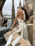 White A Line Halter Satin Open Back Long Wedding Guest Dress Party Dress with Slit HZ1023