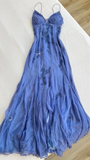 Simple Blue Spaghetti Straps Long Backless Prom Dress HZ1023