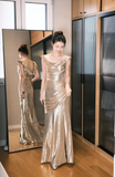 Shiny A Line Straps Golden Sequin Long Party Dress Wedding Guest Dress with Slit HZ1023