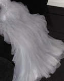 Romantic A Line Strapless Beaded Ruffle Grey Tulle Party Dress Evening Dress HZ1023