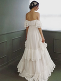 Elegant A Line Off the Shoulder Tiered White Tulle Long Prom Dress Evening Dress HZ1023