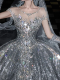 Silver Sequin Ball Gown Round Neck Prom Dress Evening Dress Party Dress HZ1023