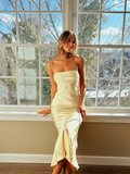 Light Yellow Sheath Strapless Satin Open Back Prom Dress Evening Dress HZ1023