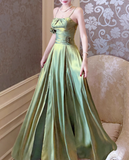 Green A Line Straps Floral Satin Prom Dress Evening Dress Formal Dress HZ1023