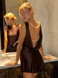 Sexy A Line Pearl Brown Satin Open Back Mini Homecoming Dress Cocktail Dress HZ1023