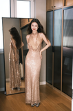 Sexy Sheath Halter Champagne Sequin Long Prom Dress Formal Gown HZ1023