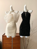 Sexy Sheath Halter Rhinestone Black Sequin Short Mini Homecoming Dress Cocktail Dress HZ1023