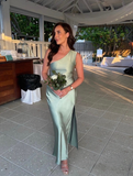Pretty Sheath One Shoulder Green Satin Bridesmaid Dress Evening Dress with Slit HZ1023