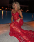 Red Spaghetti Straps Lace Beading Gorgeous Mermaid Evening Dress HZ1023