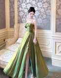 Green A Line Straps Floral Satin Prom Dress Evening Dress Formal Dress HZ1023
