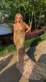Unique Mermaid Golden Sequin Long Sweep Open Back Prom Dress Evening Dress HZ1023