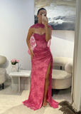Pink A Line Sweetheart Neck Beaded Lace Prom Dress Evening Dress with Slit HZ1023