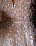 2025 New A Line Spaghetti Strap Beaded Tulle Long Sweep Wedding Dress HZ1023