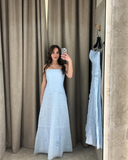 Elegant A Line Strapless Tiered Sky Blue Tulle Prom Dress Evening Dress HZ1023