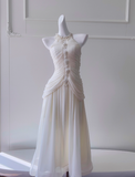 Elegant White A Line Halter Pearl Pleated Chiffon Prom Dress Vacation Dress HZ1023