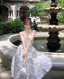 Blue A Line Sweetheart Neck Print Floral Satin Prom Dress 16th Birthday Dress HZ1023