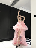 Cute A Line Strapless Floral Pink Organza Long Sweep Prom Dress Party Dress HZ1023