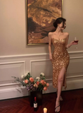 Sexy Sheath Spaghetti Straps Golden Sequin Prom Dress Evening Dress 16th Birthday Dress HZ1023